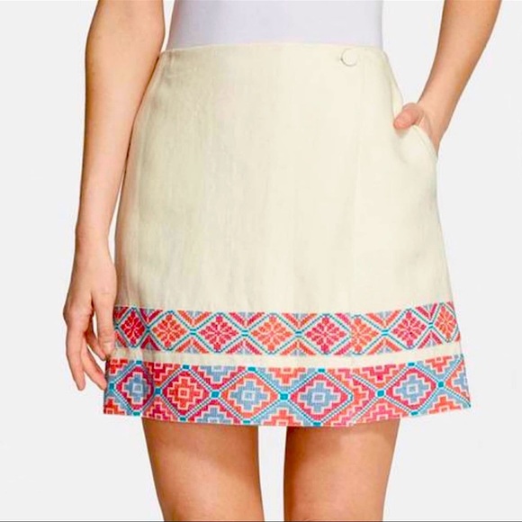 Tory Burch Dresses & Skirts - Tory Burch Ivory Embroidered Ruby Linen Faux Wrap Skirt